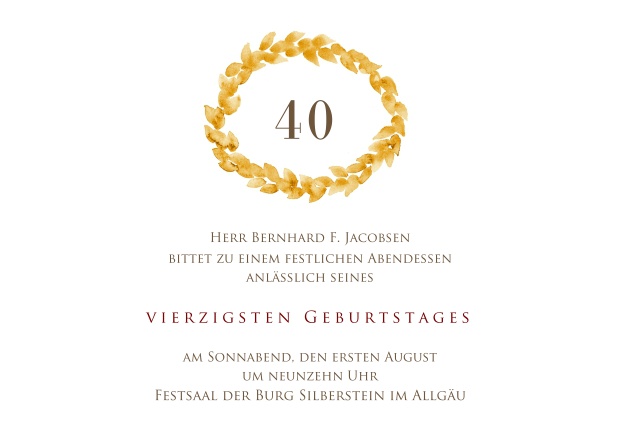 Online Einladung mit goldenem Kranz oben zum 40. Geburtstag.