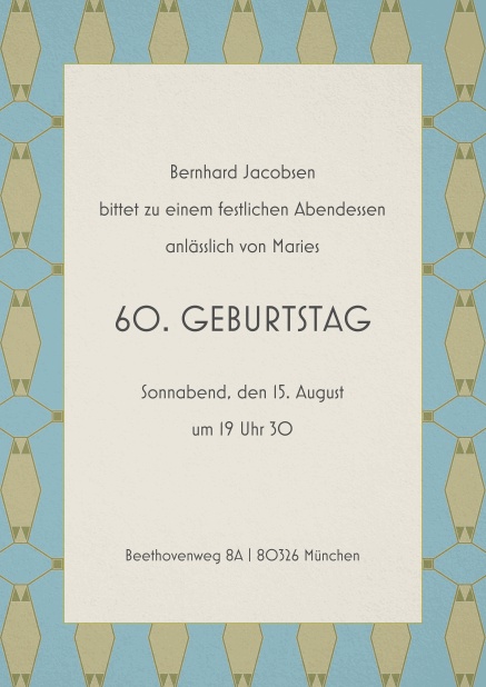 Einladung zum 60. Geburtstag mit Musterrand und mittigem Text.