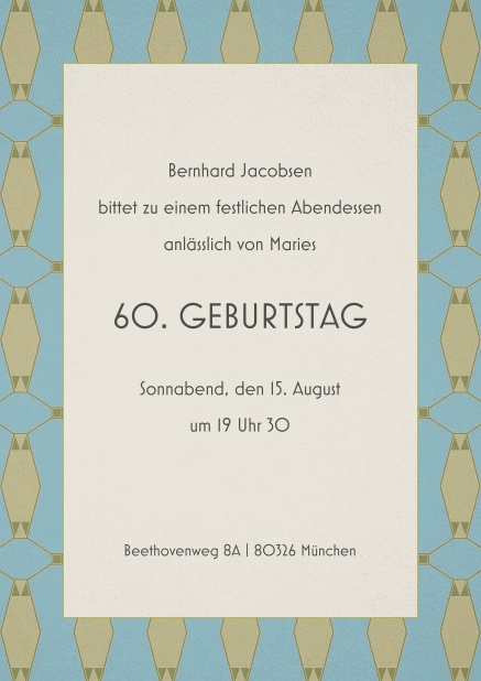 Bereit für die große 60? - 60. Geburtstag Einladung zum 60. Geburtstag mit Musterrand und mittigem Text.