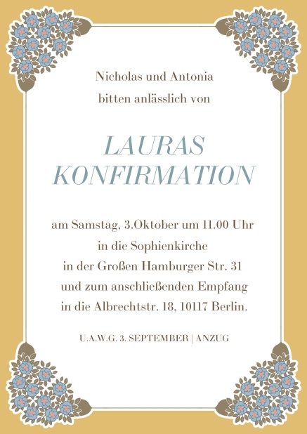 Online Einladungskarte zur Konfirmation mit goldenem Rahmen, Jugendstil Ornamenten und editierbarem Text.