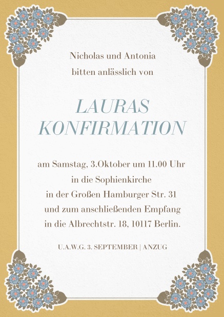 Einladungskarte zur Konfirmation mit goldenem Rahmen, Jugendstil Ornamenten und editierbarem Text.