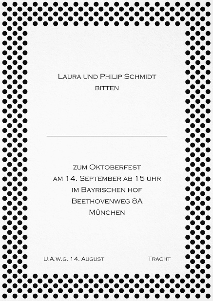 Einladungskarte mit gepunktetem Rahmen und editierbarem Text. Schwarz.