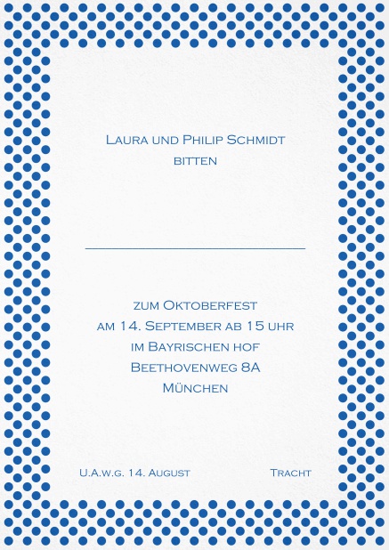 Einladungskarte mit gepunktetem Rahmen und editierbarem Text. Blau.