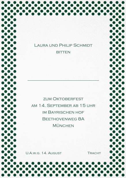 Einladungskarte mit gepunktetem Rahmen und editierbarem Text. Grün.