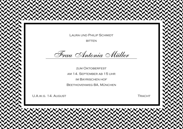 Klassische Tracht Einladungskarte mit Rahmen aus kleinen Wellen und editierbarem Text. Schwarz.