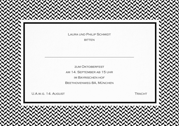Klassische Tracht Einladungskarte mit Rahmen aus kleinen Wellen und editierbarem Text. Schwarz.