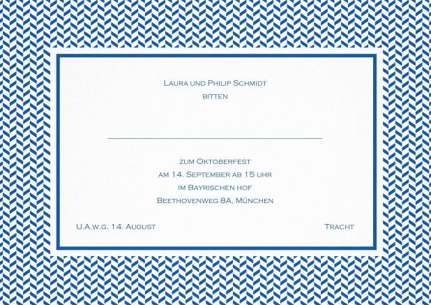 Klassische Tracht Einladungskarte mit Rahmen aus kleinen Wellen und editierbarem Text. Blau.