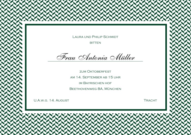 Klassische Tracht Einladungskarte mit Rahmen aus kleinen Wellen und editierbarem Text. Grün.