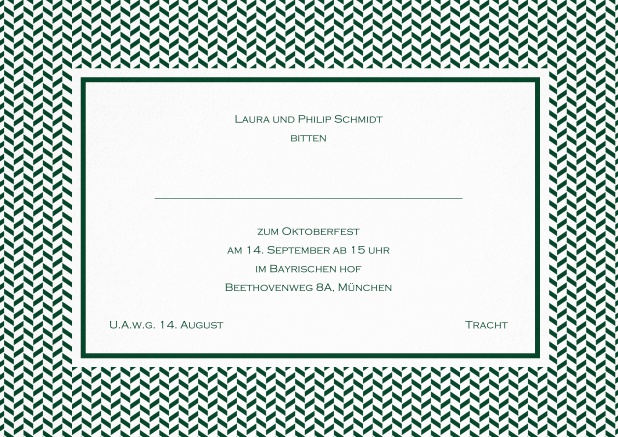 Klassische Tracht Einladungskarte mit Rahmen aus kleinen Wellen und editierbarem Text. Grün.