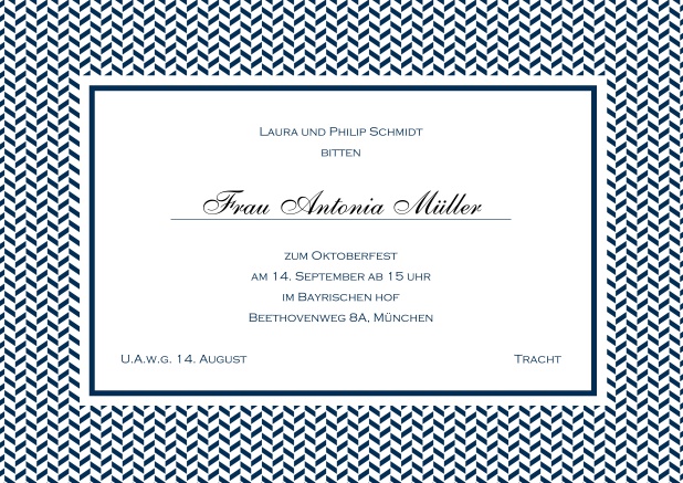 Klassische Tracht Einladungskarte mit Rahmen aus kleinen Wellen und editierbarem Text. Marine.