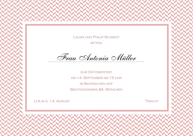 Klassische Tracht Einladungskarte mit Rahmen aus kleinen Wellen und editierbarem Text. Rosa.