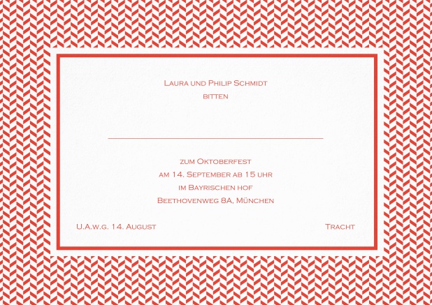 Klassische Tracht Einladungskarte mit Rahmen aus kleinen Wellen und editierbarem Text. Rot.