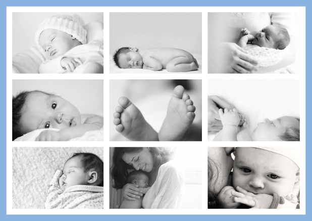 Online Geburtsanzeige mit zartem Rand in vielen Farben und 9 Fotofeldern auf der Vorderseite von vier gestalteten Seiten. Blau.