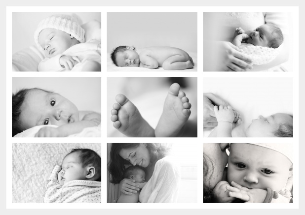 Online Geburtsanzeige mit zartem Rand in vielen Farben und 9 Fotofeldern auf der Vorderseite von vier gestalteten Seiten. Grau.