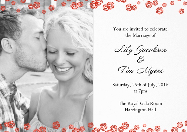 Wedding invitation card with photo with red flower decoration.