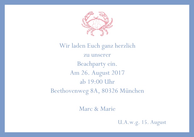 Online Einladungskarte zum Sommer Cocktail mit Krabbe. Blau.