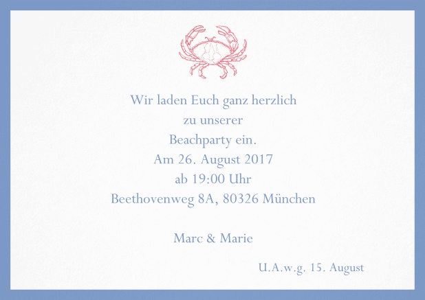 Einladungskarte zum Sommer Cocktail mit Krabbe. Blau.