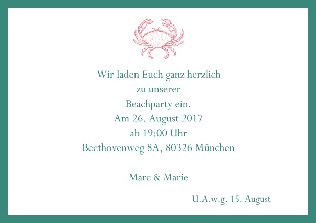 Online Einladungskarte zum Sommer Cocktail mit Krabbe. Grün.