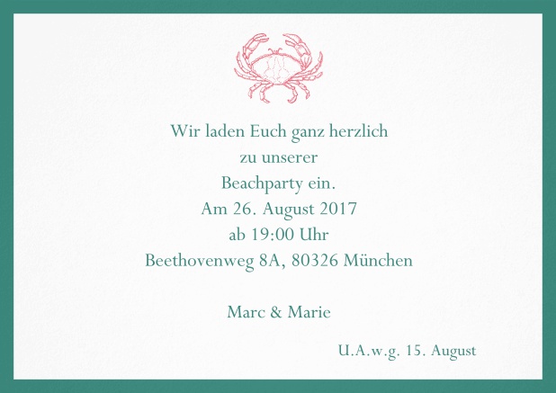 Einladungskarte zum Sommer Cocktail mit Krabbe. Grün.