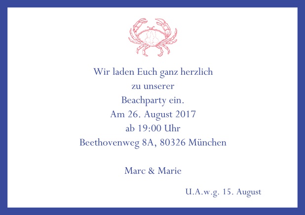 Online Einladungskarte zum Sommer Cocktail mit Krabbe. Marine.