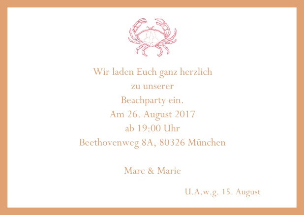 Online Einladungskarte zum Sommer Cocktail mit Krabbe. Orange.