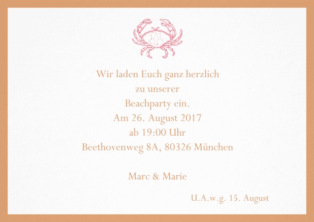 Einladungskarte zum Sommer Cocktail mit Krabbe. Orange.