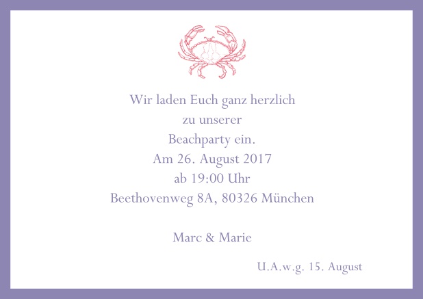 Online Einladungskarte zum Sommer Cocktail mit Krabbe. Lila.