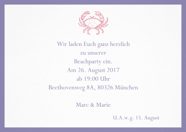 Einladungskarte zum Sommer Cocktail mit Krabbe. Lila.
