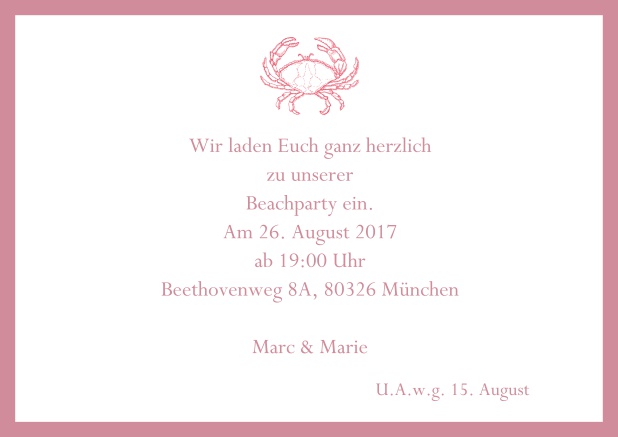 Online Einladungskarte zum Sommer Cocktail mit Krabbe. Rot.
