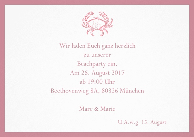 Einladungskarte zum Sommer Cocktail mit Krabbe. Rot.