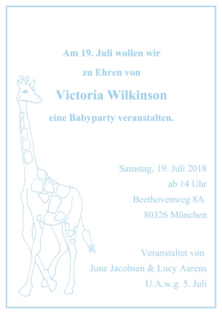 Online Kindereinladungskarte mit großer Giraffe und anpassbarem Text.