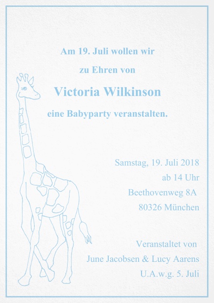 Kindereinladungskarte mit großer Giraffe und anpassbarem Text.