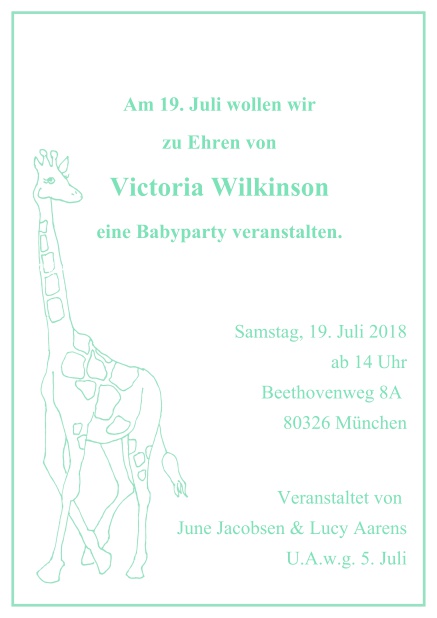 Online Kindereinladungskarte mit großer Giraffe und anpassbarem Text. Grün.