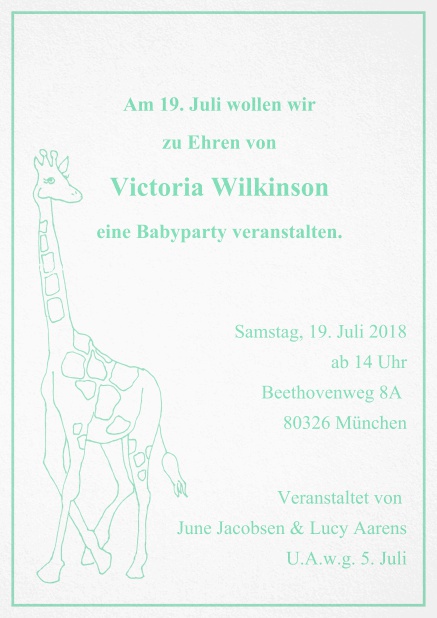 Kindereinladungskarte mit großer Giraffe und anpassbarem Text. Grün.