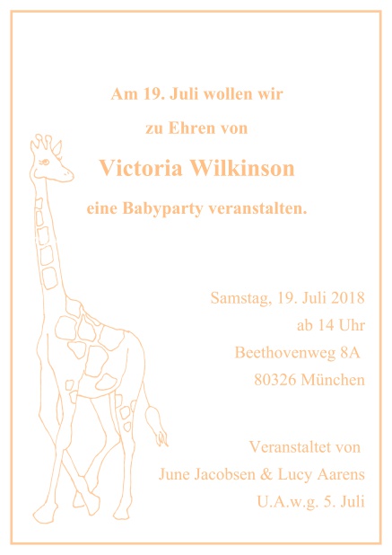 Online Kindereinladungskarte mit großer Giraffe und anpassbarem Text. Orange.