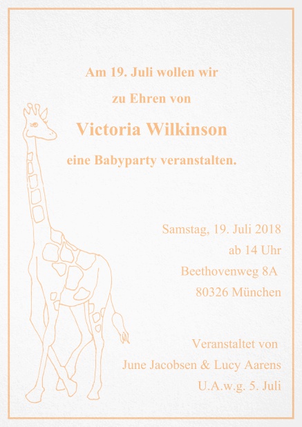 Kindereinladungskarte mit großer Giraffe und anpassbarem Text. Orange.