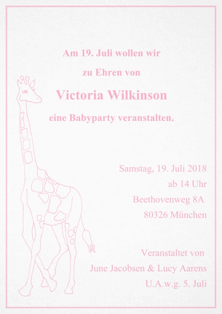 Kindereinladungskarte mit großer Giraffe und anpassbarem Text. Rosa.
