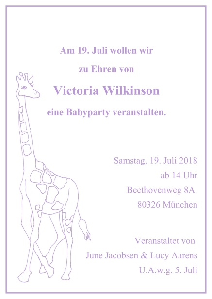 Online Kindereinladungskarte mit großer Giraffe und anpassbarem Text. Lila.