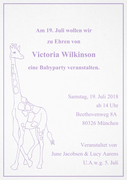 Kindereinladungskarte mit großer Giraffe und anpassbarem Text. Lila.