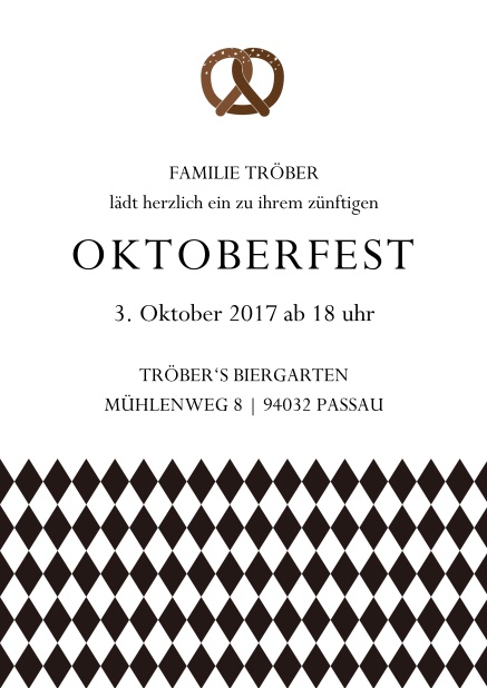 Online Einladungskarte zur Biergartenparty mit Bretzel und bayerische Fahne Schwarz.