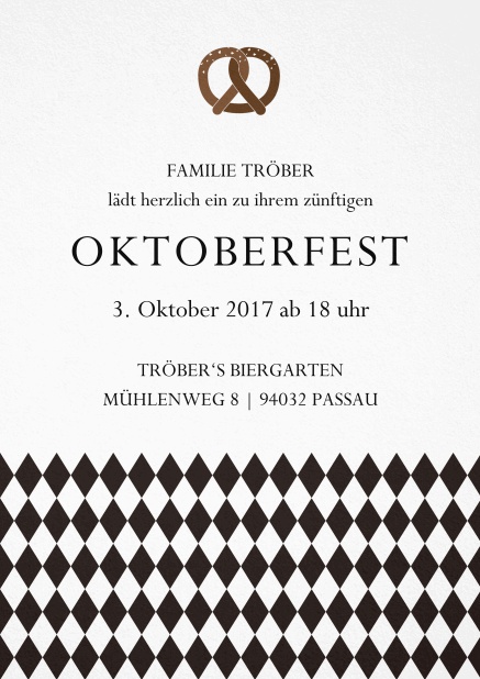 Einladungskarte zur Biergartenparty mit Bretzel und bayerische Fahne Schwarz.