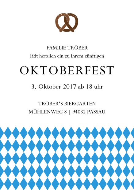Online Einladungskarte zur Biergartenparty mit Bretzel und bayerische Fahne Blau.