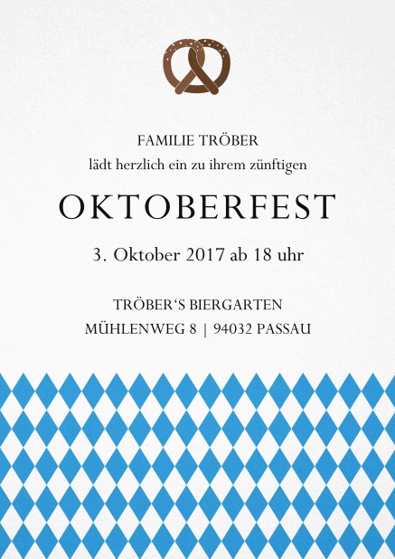 Einladungskarte zur Biergartenparty mit Bretzel und bayerische Fahne
