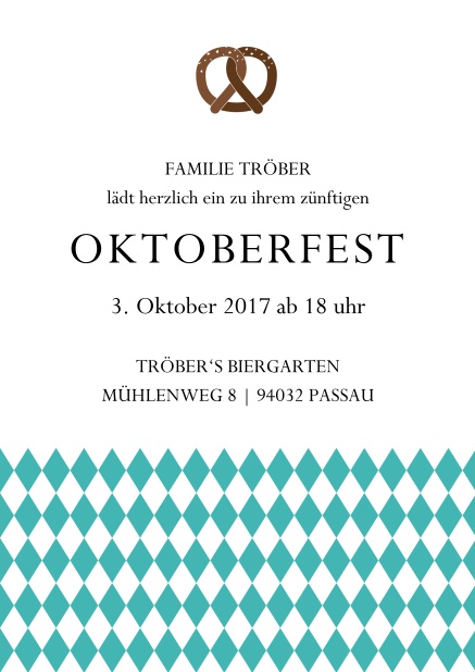 Online Einladungskarte zur Biergartenparty mit Bretzel und bayerische Fahne Grün.