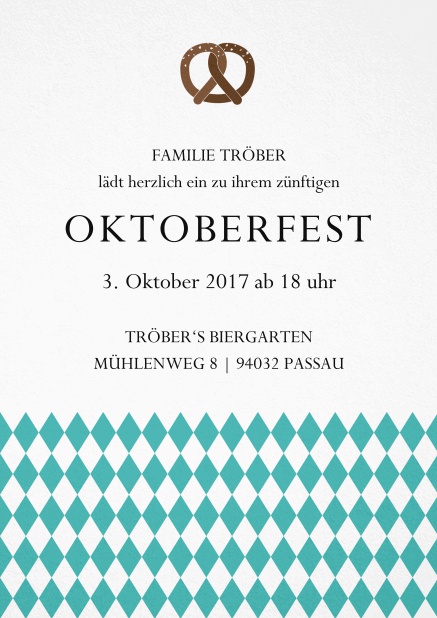 Einladungskarte zur Biergartenparty mit Bretzel und bayerische Fahne Grün.