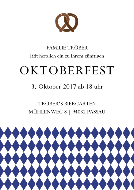 Online Einladungskarte zur Biergartenparty mit Bretzel und bayerische Fahne Marine.