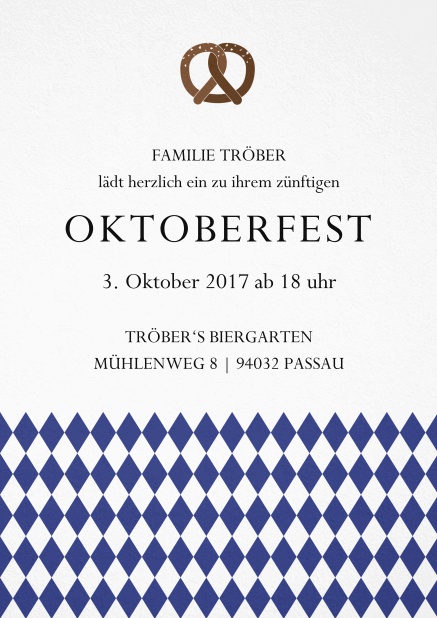 Einladungskarte zur Biergartenparty mit Bretzel und bayerische Fahne Marine.