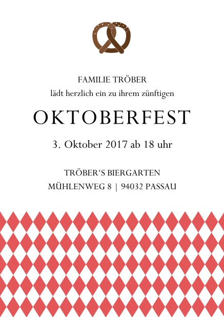 Online Einladungskarte zur Biergartenparty mit Bretzel und bayerische Fahne Rot.