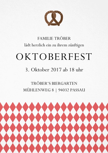 Einladungskarte zur Biergartenparty mit Bretzel und bayerische Fahne Rot.