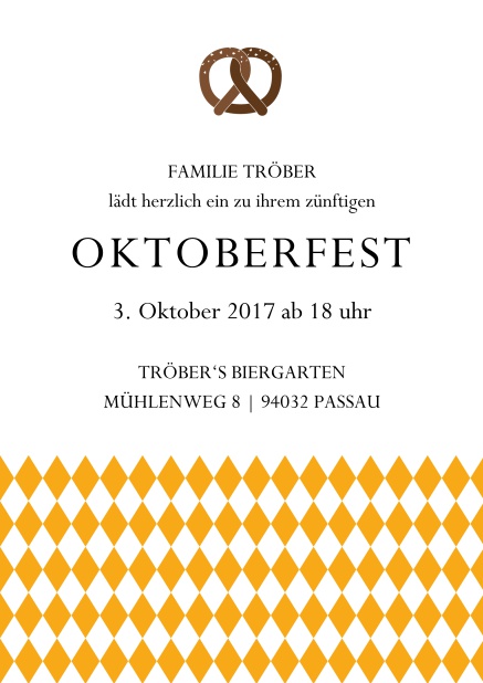 Online Einladungskarte zur Biergartenparty mit Bretzel und bayerische Fahne Gelb.